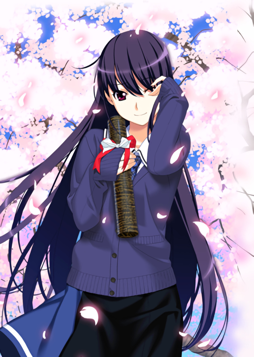 1girl absurdres artist_request bow buttons cherry_blossoms facing_viewer grisaia_(series) hand_on_own_face highres long_hair necktie purple_eyes purple_hair resized sakaki_yumiko school_uniform skirt smile source_request spring_(season) standing sweater tree tree_branch upscaled waifu2x