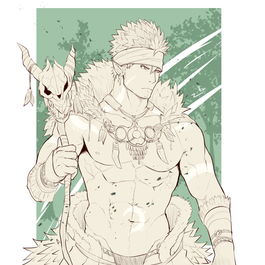 1boy abs adonis_belt artist_name bara bracer earrings facial_hair facial_mark fur_trim green_background headband highres jewelry limited_palette male_focus muscle navel necklace nipples pointy_ears simple_background skull spiked_hair staff stubble tangaroa tattoo tokyo_houkago_summoners upper_body zifu