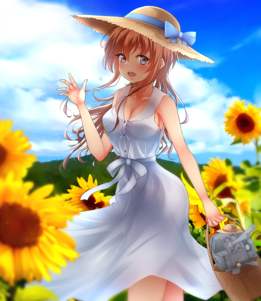 1girl alternate_costume blue_ribbon blue_sky blush breasts chou-10cm-hou-chan cloud dress eyebrows_visible_through_hair floral_background gradient gradient_background grey_eyes hat hat_ribbon highres kantai_collection large_breasts light_brown_hair long_dress long_hair looking_at_viewer nuka_(nvkka) open_mouth ribbon sky smile solo straw_hat teruzuki_(kantai_collection) white_dress