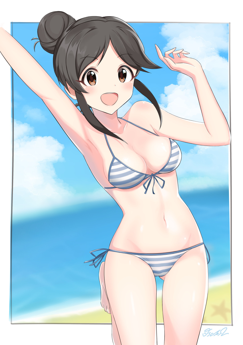 1girl absurdres beach bikini black_hair blue_sky breasts brown_eyes cleavage cloud collarbone commentary_request cowboy_shot day front-tie_top hair_bun highres horizon idolmaster idolmaster_cinderella_girls long_hair medium_breasts momoi_azuki navel ocean open_mouth oscar_08 outdoors side-tie_bikini sky smile solo striped striped_bikini swimsuit