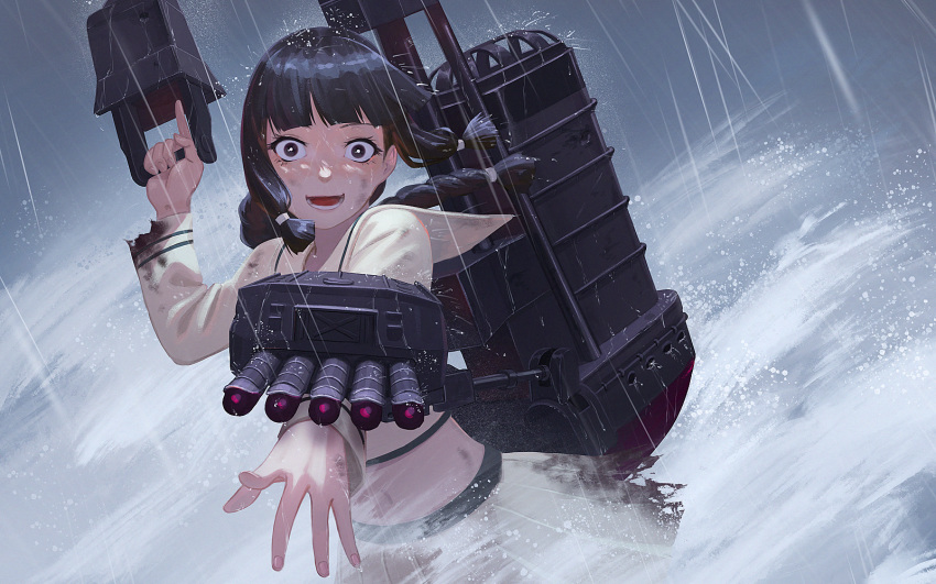 1girl bangs black_hair blunt_bangs blush braid commentary_request crazy_eyes eyelashes fingernails highres holding kantai_collection kitakami_(kantai_collection) long_hair long_sleeves looking_at_viewer open_mouth outdoors rain remodel_(kantai_collection) rigging school_uniform serafuku sidelocks single_braid skirt sky solo torn_clothes torn_skirt torn_sleeves torpedo torpedo_tubes water yue_(tada_no_saboten)