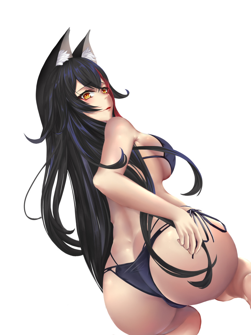 1girl absurdres animal_ears ass bikini black_hair blue_bikini breasts butt_crack commentary_request dutch_angle feet_out_of_frame fox_ears from_behind highres large_breasts original pink_lips side-tie_bikini sideboob swimsuit white_background yellow_eyes yuzuriha_(pixiv_14248010)