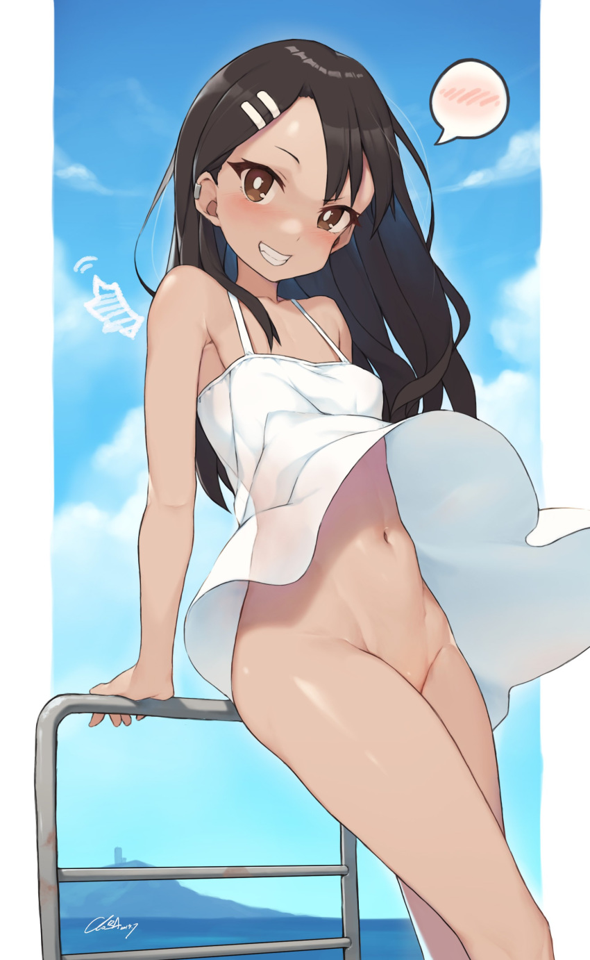 1girl absurdres bare_arms bare_shoulders black_hair blue_sky blush brown_eyes cloba cloud commentary dark_skin day dress ear_clip fang grin groin hair_ornament hairclip highres ijiranaide_nagatoro-san leaning_on_rail long_hair looking_at_viewer nagatoro navel no_panties outdoors railing raised_eyebrow see-through signature sky smile solo spoken_blush stomach sundress teeth white_dress wind wind_lift