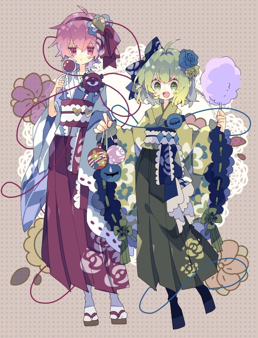 2girls ahoge blush candy_apple closed_mouth cotton_candy eyeball eyebrows_visible_through_hair floral_print flower food frills full_body green_hair hair_flower hair_ornament heart heart_hair_ornament highres holding japanese_clothes kimono komeiji_koishi komeiji_satori multiple_girls nikorashi-ka open_mouth polka_dot polka_dot_background purple_hair sandals sash short_hair socks standing third_eye touhou water_balloon wide_sleeves yukata