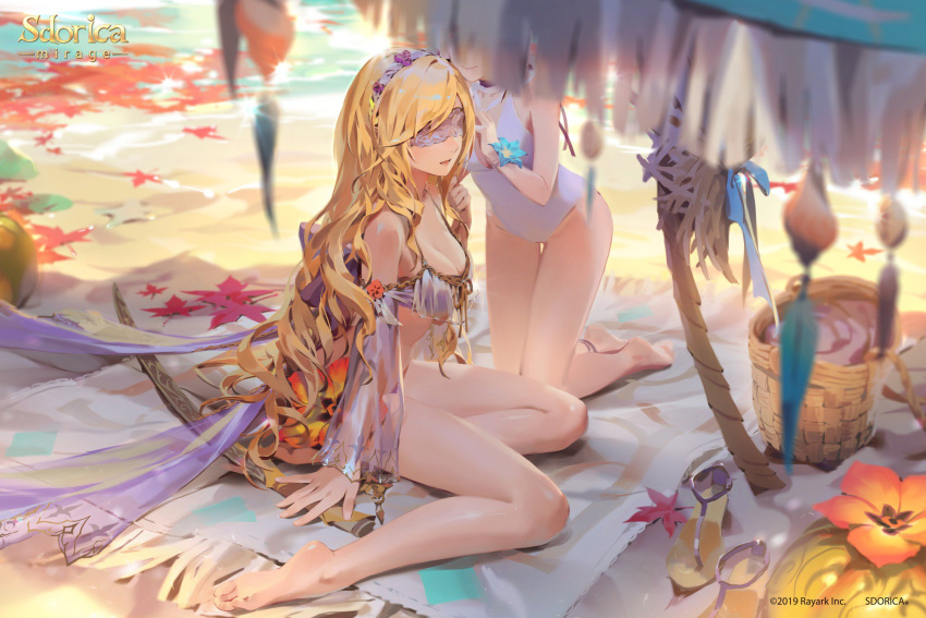 2girls angelia anklet bare_legs barefoot basket beach beach_umbrella bikini blanket blindfold blonde_hair breasts cleavage day flower highres jewelry jofang leaf long_hair maple_leaf medium_breasts multiple_girls official_art one-piece_swimsuit open_mouth sandals_removed sdorica_-sunset- sione_aldric sitting soles swimsuit sword toes umbrella water watermark wavy_hair weapon white_swimsuit yokozuwari