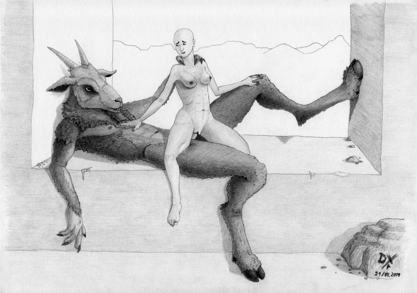 2019 absurd_res anthro anthro_penetrating anthro_penetrating_human bald barefoot biped bovid breasts caprine caprine_demon claws dark_fur dated dekxer demon duo erection female female_penetrated fur graphite_(artwork) greyscale hand_on_back hand_on_chest hand_on_knee hi_res hooves horizontal_pupils horn human human_on_anthro human_penetrated interspecies larger_anthro larger_male lying male male/female male_penetrating mammal monochrome navel nipples nude on_back pencil_(artwork) penetration penis pussy satyr sex size_difference smaller_female smaller_human teeth traditional_media_(artwork) vaginal vaginal_penetration