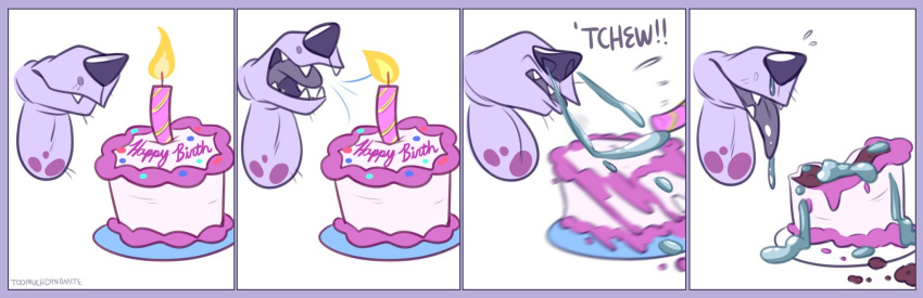 anthro birthday bodily_fluids breath cake canid canine canis crotch_head drooling dynamite_(character) food hi_res male mammal multi_mouth multifur nude saliva sneeze snot solo tongue tongue_out toomuchdynamite wolf