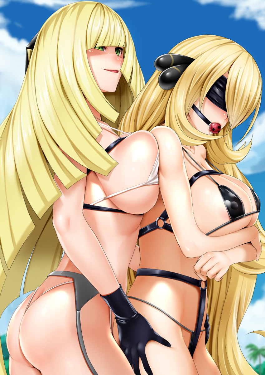 2girls absurdres ass ass_grab ball_gag bare_shoulders bdsm beach bikini black_bikini black_gloves blindfold blonde_hair blush bondage bound breast_grab breast_squeeze breasts gag gagged garter_belt gloves grabbing grabbing_another's_ass green_eyes groping hand_on_ass harness highres janong large_breasts long_hair lusamine_(pokemon) multiple_girls nintendo o-ring pokemon pokemon_(game) pokemon_dppt pokemon_sm shirona_(pokemon) smile swimsuit thighs thong thong_bikini white_bikini yuri