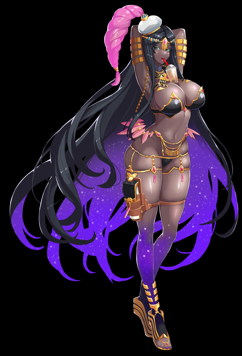 1girl absurdres anklet armlet armor armpits arms_behind_head arms_up bangs bare_shoulders belly_chain bikini_armor black_armor black_background black_hair breasts bubble_tea bubble_tea_challenge circlet cleavage dark_skin drinking_straw drogod facial_mark fate/grand_order fate_(series) feathers forehead_jewel full_body garter_belt garter_straps gradient gradient_hair gradient_legwear green_eyes hat high_heels highres jewelry large_breasts legs long_hair looking_at_viewer multicolored multicolored_clothes multicolored_hair multicolored_legwear navel object_on_breast open_mouth pouch scheherazade_(fate/grand_order) scroll simple_background solo thighlet thighs toes very_long_hair
