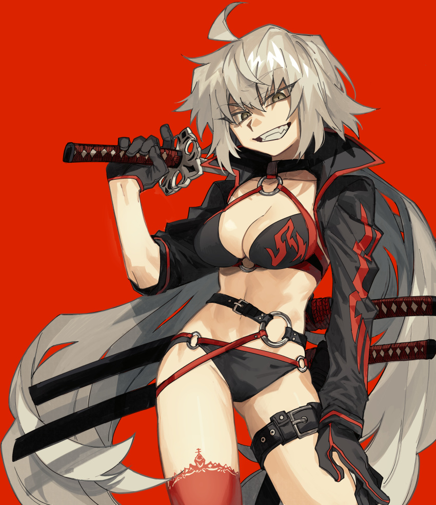 1girl absurdres bangs belt bikini black_bikini black_gloves breasts cleavage eyebrows_visible_through_hair fate/grand_order fate_(series) gloves grin highres holding holding_sword holding_weapon jacket jeanne_d'arc_(alter_swimsuit_berserker) jeanne_d'arc_(fate)_(all) katana long_hair looking_at_viewer navel over_shoulder platinum_blonde_hair red_background red_legwear sheath sheathed simple_background single_thighhigh smile solo swimsuit sword sword_over_shoulder teeth thigh_strap thighhighs very_long_hair weapon weapon_over_shoulder yarawi yellow_eyes
