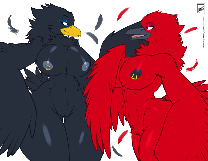 2017 absurd_res anthro avian big_breasts bird black_feathers breasts cardinal_(bird) chest_tuft corvid corvus_(genus) crow duo english_text eye_contact feathers female hi_res jewelry looking_at_another nipple_piercing nipples non-mammal_breasts nude open_mouth piercing pussy red_feathers signature simple_background smile standing text tuft walter_sache watermark white_background