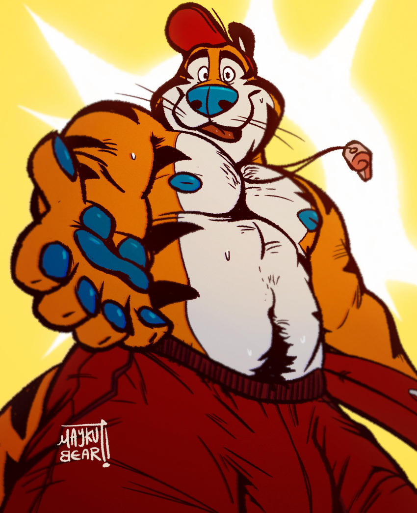 2019 5_fingers absurd_res anthro biceps bodily_fluids bottomwear clothed clothing felid fingers frosted_flakes hat headgear headwear hi_res kellogg's looking_at_viewer male mammal mascot mayku muscular muscular_male navel nipples pantherine pecs shorts smile solo sweat tiger tony_the_tiger topless whiskers whistle