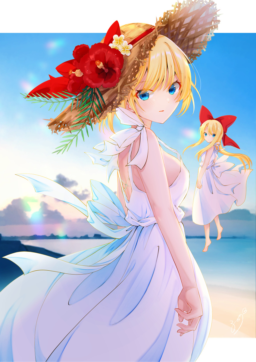 1girl absurdres alice_margatroid alternate_costume alternate_headwear bangs bare_arms beach blonde_hair blue_eyes blue_sky blurry blush bow breasts cloud commentary day depth_of_field dress expressionless fern floating flower from_side hair_bow hat hat_flower hibiscus highres horizon large_breasts lens_flare long_hair looking_at_viewer ocean outdoors parted_lips shanghai_doll short_hair sideboob signature sky sleeveless sleeveless_dress solanikieru solo standing straw_hat touhou white_dress wind