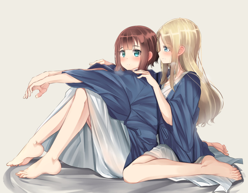 ayase_arisa blonde_hair blue_eyes blush brown_hair green_eyes highres japanese_clothes kimono kneeling kousaka_yukiho long_hair looking_at_another love_live! love_live!_school_idol_project mad_(hazukiken) short_hair sitting yukata yuri