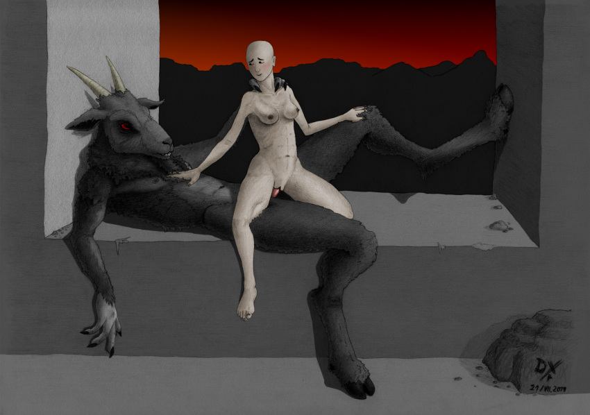 2019 absurd_res anthro anthro_penetrating anthro_penetrating_human bald barefoot biped blush bovid breasts caprine caprine_demon claws dark_fur dated dekxer demon duo erection female female_penetrated fur graphite_(artwork) hand_on_back hand_on_chest hand_on_knee hi_res hooves horizontal_pupils horn human human_on_anthro human_penetrated interspecies larger_anthro larger_male light_skin lying male male/female male_penetrating mammal navel nipples nude on_back pencil_(artwork) penetration penis pussy red_eyes satyr sex size_difference smaller_female smaller_human teeth traditional_media_(artwork) vaginal vaginal_penetration