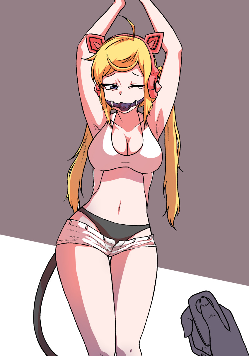 1girl 1other absurdres ahoge animal_ears armpits arms_up axent_wear ball_gag bdsm black_panties blonde_hair blue_eyes bondage bound breasts cat_ear_headphones cat_ears cat_tail cleavage collarbone commentary_request controller gag gagged headphones highres korean_commentary long_hair lowleg lowleg_shorts lucky_chloe medium_breasts midriff navel olyuolyu one_eye_closed panties pov remote_control remote_control_vibrator short_shorts shorts solo_focus standing tail tears tekken tekken_7 twintails underwear vibrator vibrator_under_clothes vibrator_under_panties