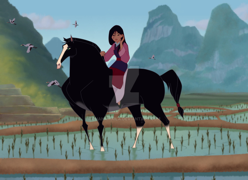 ambiguous_gender avian bird black_fur disney equid equine fa_mulan female feral fur horse human khan_(mulan) mammal mulan_(copyright) ohanamaila plant water watermark white_fur