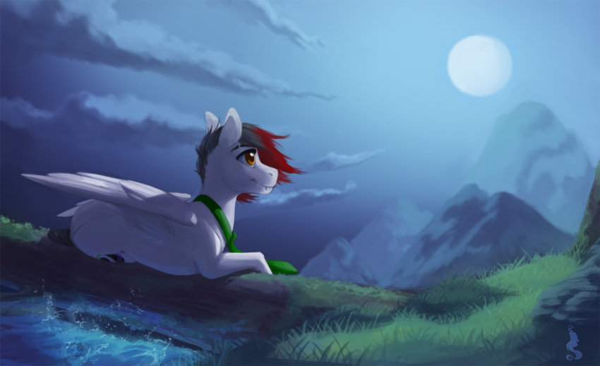 2019 black_hair brown_eyes cutie_mark detailed_background equid equine fan_character feathered_wings feathers grass hair hi_res mammal moon my_little_pony night outside pterippus red_hair silentwulv water white_feathers wings