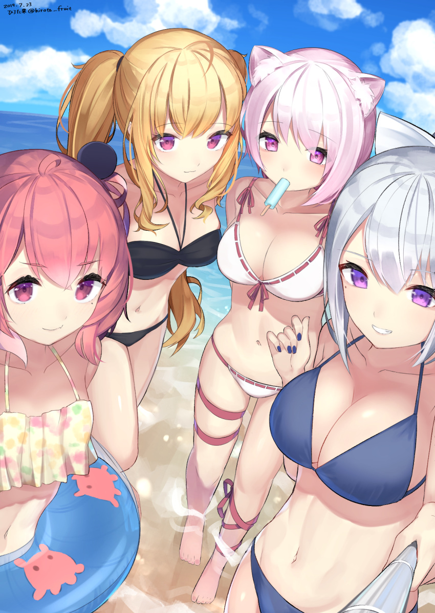 :3 ahoge animal_ears artist_name bangs beach bikini black_bikini blonde_hair blue_nails blush bow breasts cat_ears cleavage closed_mouth cloud collarbone commentary day fang fang_out feet_out_of_frame food food_in_mouth from_above full_body grin hair_bow highres higuchi_kaede hirota_fruit innertube kemonomimi_mode large_breasts looking_at_viewer mole mole_under_eye nail_polish navel nijisanji ocean outdoors pink_eyes pink_hair popsicle purple_eyes purple_hair sasaki_saku shiina_yuika short_eyebrows short_hair silver_hair skin_fang small_penis_humiliation smile swimsuit takamiya_rion thick_eyebrows thighs twintails twitter_username virtual_youtuber white_bow