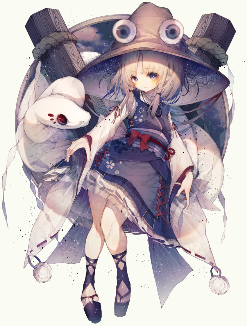 1girl absurdres bangs blonde_hair blue_eyes blush bow brown_headwear closed_mouth commentary_request eyebrows_visible_through_hair full_body giant_snake hair_ribbon hat highres hito_komoru huge_filesize long_sleeves looking_at_viewer medium_hair mishaguji moriya's_iron_rings moriya_suwako onbashira parted_bangs purple_skirt red_bow red_ribbon ribbon rope shide shirt simple_background skirt sleeves_past_wrists snake solo touhou waist_bow white_background white_shirt white_snake wide_sleeves zouri