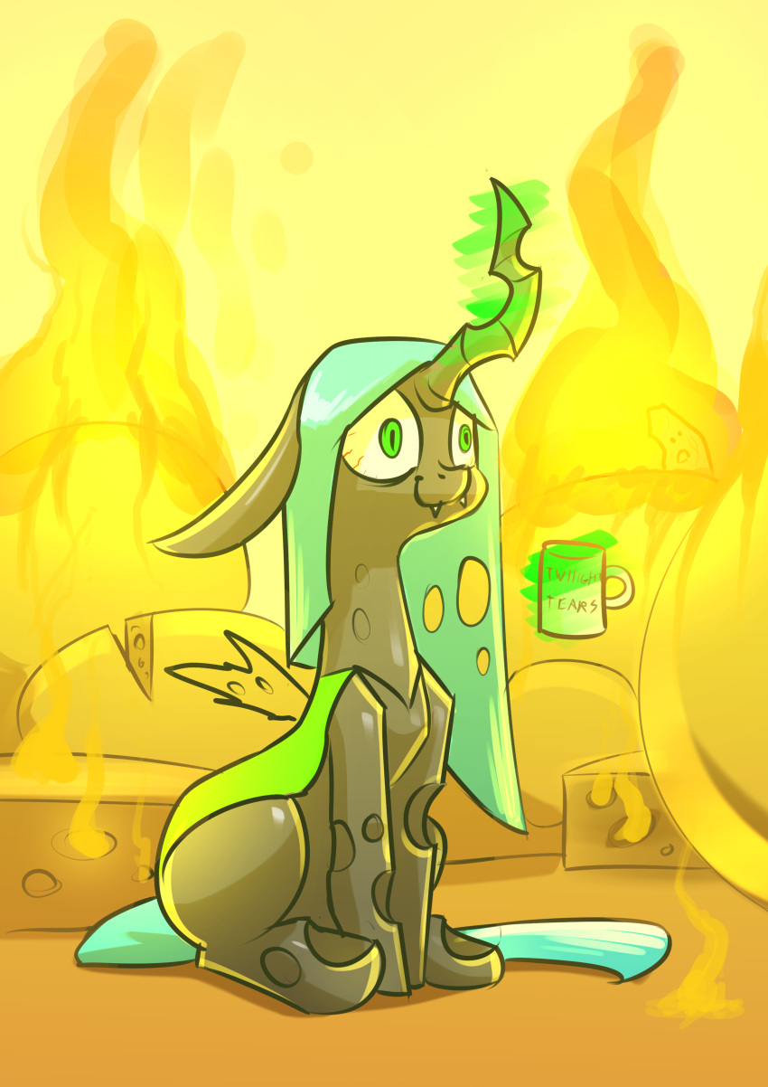 2019 absurd_res arthropod bloodshot_eyes changeling cheese cup dairy_products english_text fangs fire food friendship_is_magic green_eyes hi_res my_little_pony queen_chrysalis_(mlp) solo text underpable