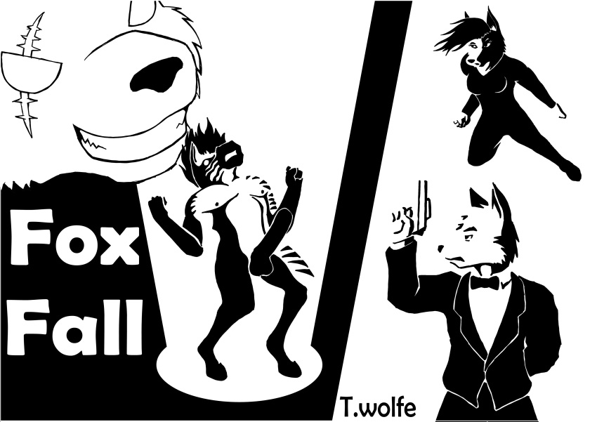 absurd_res anthro breasts canid canine clothing equid equine erection female fox group gun hi_res male mammal monochrome necktie ranged_weapon scar spy story suit twolfe ursid weapon zebra
