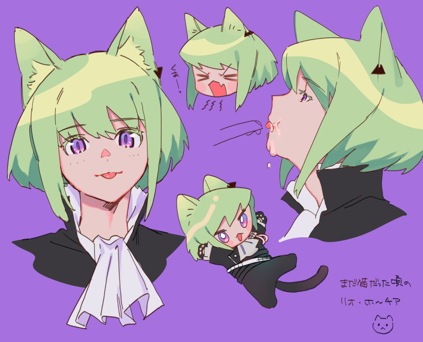 1boy :3 absurdres animal_ears black_gloves black_jacket cat_ears cat_tail catboy cravat ear_piercing fang gloves green_hair highres jacket lio_fotia male_focus open_mouth piercing promare purple_eyes tail tongue tongue_out yagita_(astronomie)