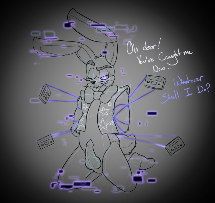 bdsm bondage bound bow_tie buckteeth cassette_tape clothing dialogue erection eyebrows five_nights_at_freddy's fnaf_vr_help_wanted glitch glitchtrap glowing glowing_eyes hands_behind_back icetigerkitten kneeling lagomorph leporid looking_at_viewer male mammal one_eye_closed penis purple_eyes rabbit raised_eyebrow seam_(sewing) solo star stitch_(disambiguation) talking_to_viewer teeth tongue tongue_out topwear vest video_games