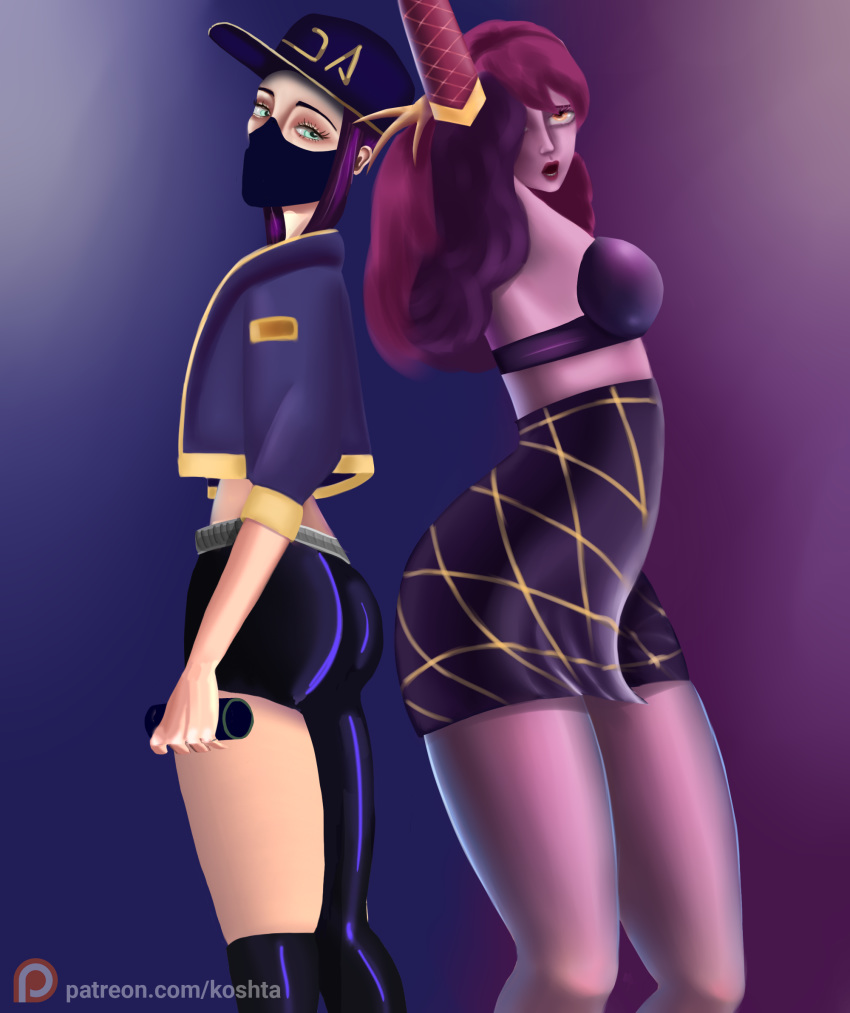 akali evelynn gloves highres k/da_(league_of_legends) k/da_akali k/da_evelynn kda league_of_legends lol looking_at_viewer mask multiple_girls pink_hair purple_hair yellow_eyes