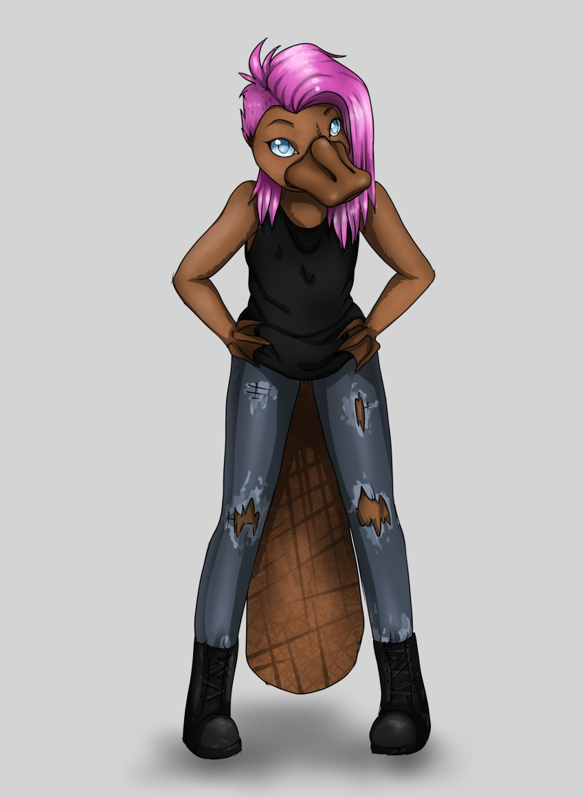absurd_res allfluffyears anthro beak bottomwear brown_fur clothed clothing female flat_chested fur hair hi_res jeans looking_at_viewer mammal membrane_(anatomy) monotreme pants platypus punk purple_hair terra_vombay the_dank_wildcats torn_bottomwear torn_clothing torn_jeans torn_pants webbed_hands