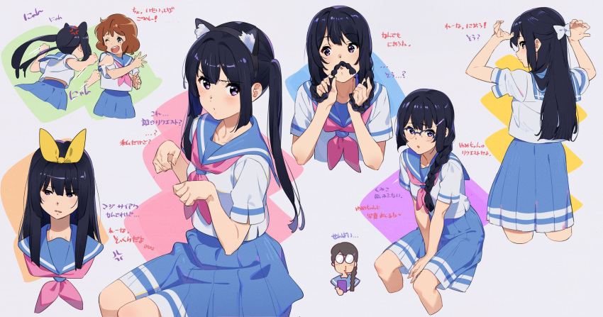 2girls alternate_hairstyle animal_ears black_hair blue_sailor_collar blue_skirt bow braid cat_ears commentary_request fake_facial_hair fake_mustache grey_background hair_bow hair_over_shoulder hibike!_euphonium highres kamo_kamen kousaka_reina long_hair multiple_girls multiple_views neckerchief oumae_kumiko paw_pose pink_bow pink_neckwear pleated_skirt purple_eyes sailor_collar school_uniform serafuku shirt short_sleeves single_braid skirt solo_focus translation_request twin_braids white_shirt yellow_bow