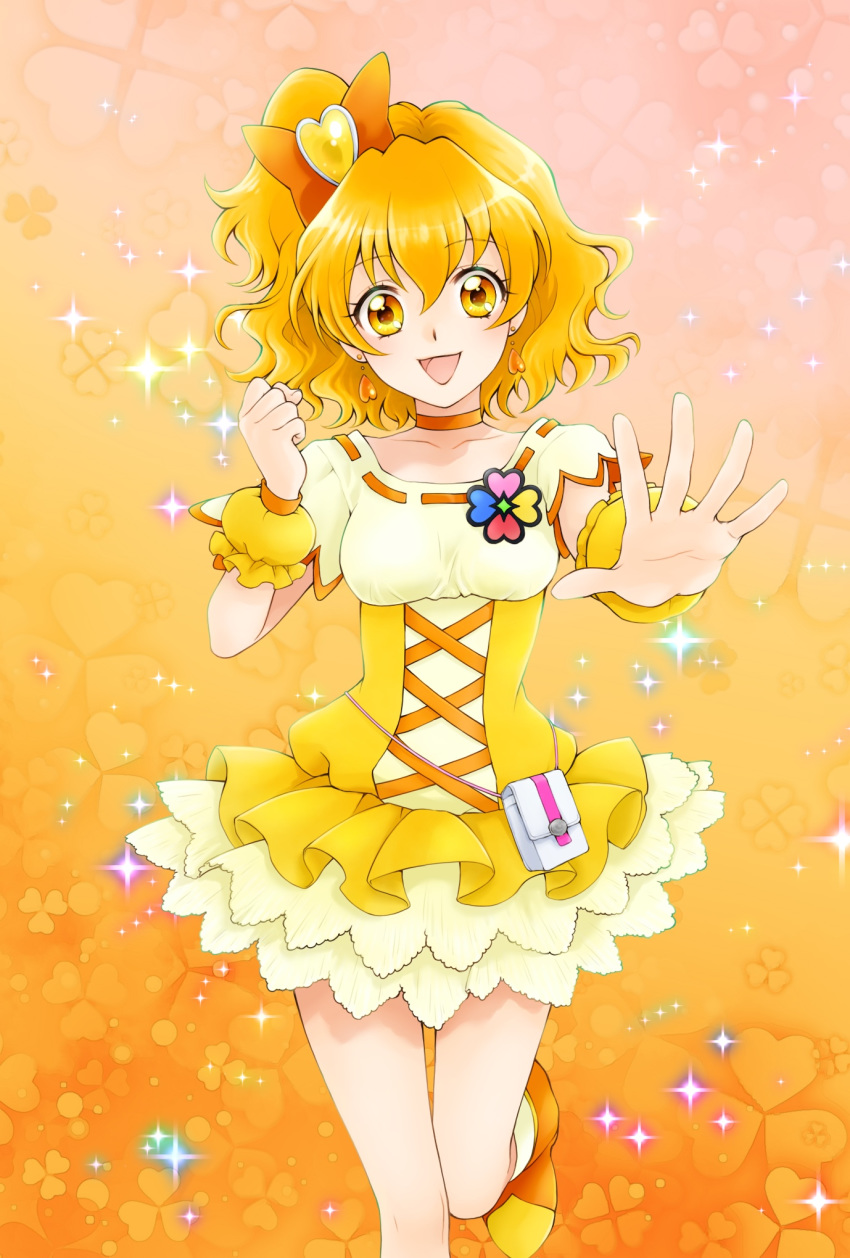 1girl :d aizen_(syoshiyuki) blonde_hair bow choker collarbone cure_pine earrings eyebrows_visible_through_hair fresh_precure! gradient gradient_background hair_between_eyes hair_bow heart heart_earrings highres jewelry layered_skirt leg_up long_hair looking_at_viewer magical_girl miniskirt open_mouth orange_bow outstretched_arm outstretched_hand precure ribbon-trimmed_shirt shiny shiny_hair shirt short_sleeves side_ponytail skirt smile solo sparkle standing standing_on_one_leg wrist_cuffs yellow_background yellow_eyes yellow_shirt yellow_skirt