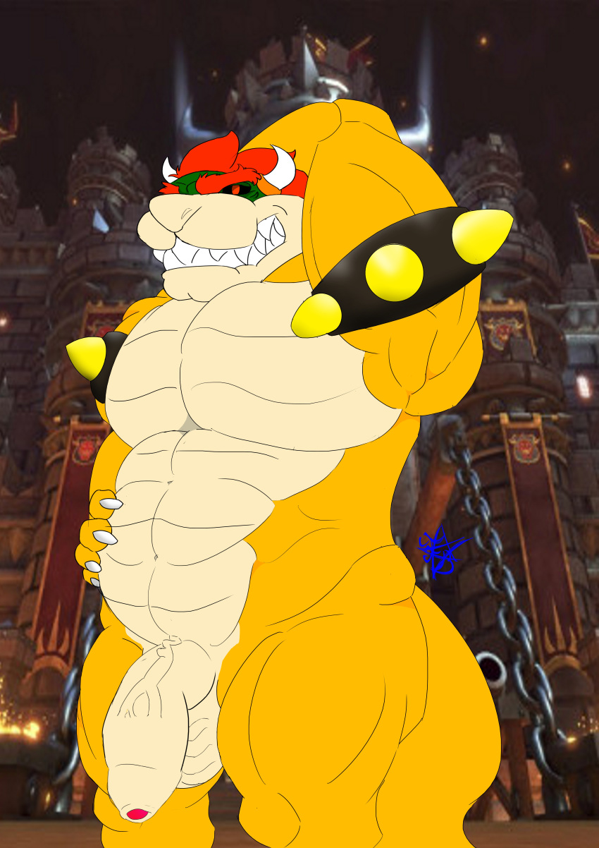 2019 absurd_res anthro barazoku biceps bowser bracelet claws detailed_background digital_media_(artwork) fallbeil front_view grin hair hi_res horn invalid_tag jewelry koopa looking_at_viewer male mario_bros musclegut muscular muscular_male nintendo nude penis red_hair reptile scalie smile solo spiked_bracelet spikes teeth turtle uncut video_games
