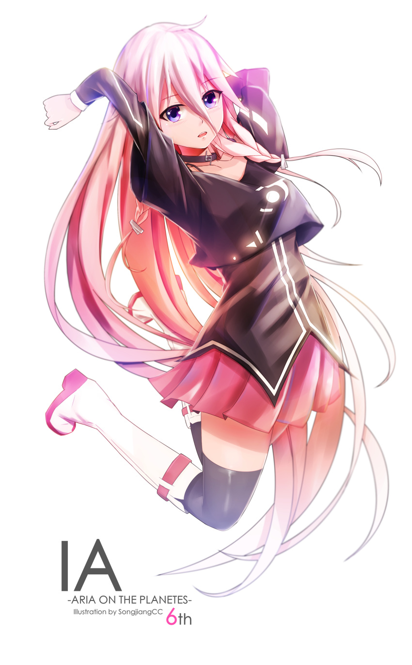 1girl absurdres arms_up artist_name black_legwear blue_eyes boots character_name collar collarbone eyebrows_visible_through_hair floating_hair full_body hair_between_eyes highres ia_(vocaloid) knee_boots long_hair looking_at_viewer miniskirt pink_skirt pleated_skirt silver_hair simple_background skirt solo songjiangcc thighhighs very_long_hair vocaloid white_background white_footwear