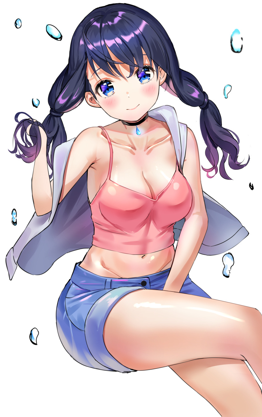1girl absurdres amano_hina_(tenki_no_ko) bangs bare_shoulders between_legs blue_hair blush breasts bubble cleavage collar collarbone commentary_request hair_ornament hand_between_legs highres jacket jewelry kian large_breasts long_hair looking_at_viewer low_twintails navel necklace pink_shirt purple_eyes purple_hair shirt short_shorts shorts sleeveless sleeveless_jacket smile solo tenki_no_ko twintails white_background