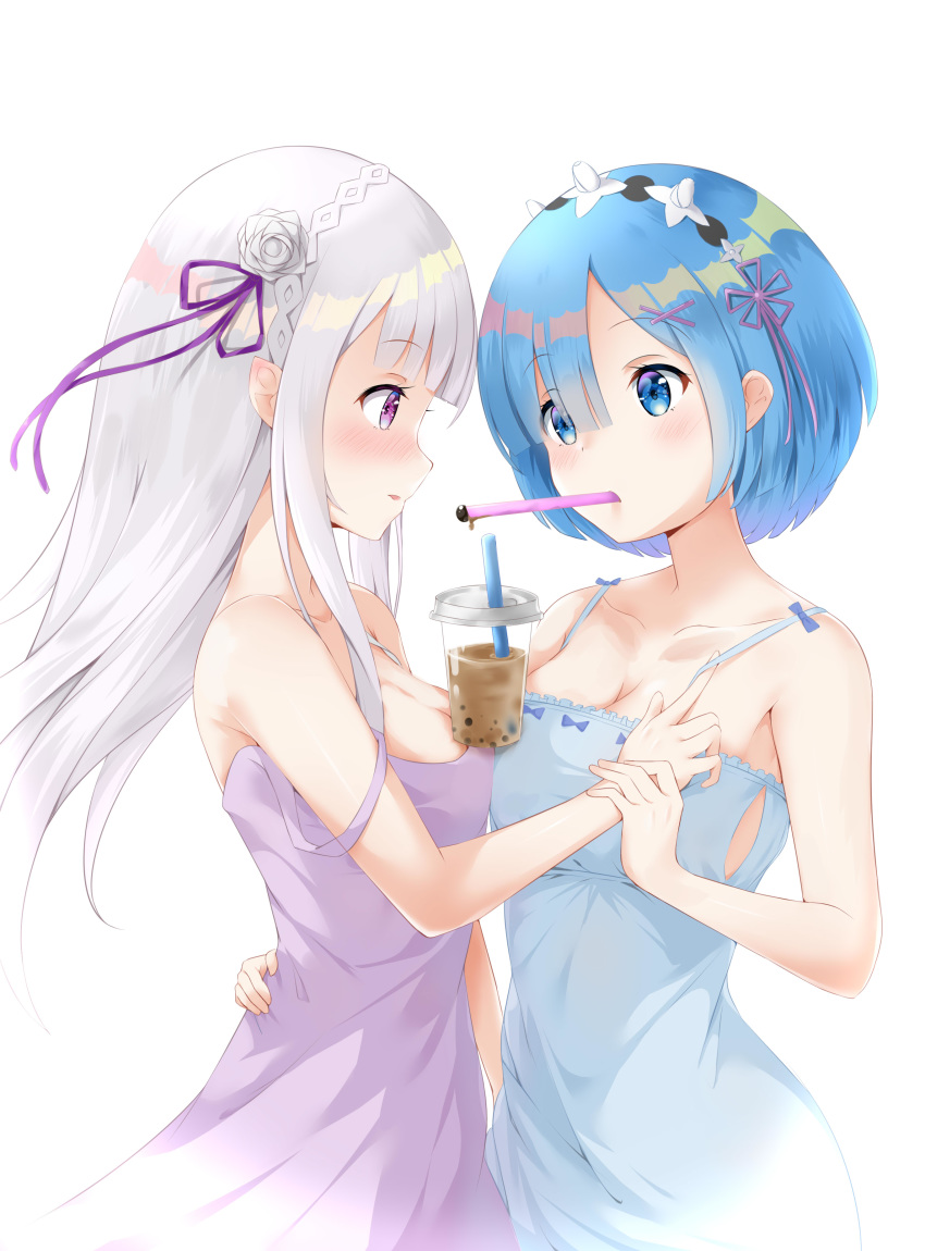 2girls absurdres blue_dress blue_eyes blue_hair blush braid breasts cleavage collarbone crown_braid dress emilia_(re:zero) eye_contact eyebrows_visible_through_hair floating_hair flower from_side hair_between_eyes hair_flower hair_ornament hair_ribbon hand_on_another's_back head_wreath highres long_hair looking_at_another medium_breasts multiple_girls pink_ribbon purple_dress purple_eyes purple_ribbon re:zero_kara_hajimeru_isekai_seikatsu rem_(re:zero) ribbon shiny shiny_hair short_hair silver_hair simple_background sleeveless sleeveless_dress standing white_background white_flower yimiao yuri