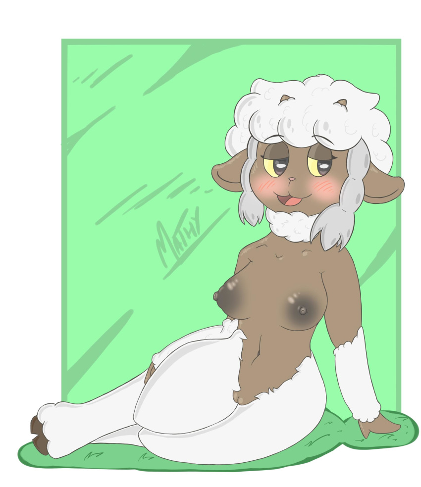 2019 anthro anthrofied blush bovid breasts caprine female hi_res hooves looking_at_viewer mammal mathythemathy nintendo nipples nude pok&eacute;mon pok&eacute;mon_(species) pok&eacute;morph shaved shaved_pussy simple_background sitting smile solo video_games wooloo