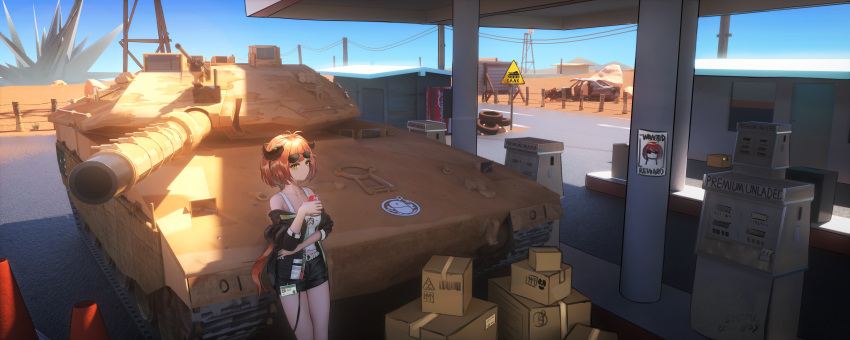 1girl absurdres arknights bangs belt black_jacket black_shorts blue_sky box breasts can cardboard_box closed_mouth cola croissant_(arknights) curled_horns day desert even_(17245601) eyebrows_visible_through_hair eyewear_on_head gas_station green_eyes ground_vehicle halo hand_up highres holding holding_can horns huge_filesize jacket long_hair long_sleeves looking_at_viewer medium_breasts military military_vehicle motor_vehicle off_shoulder open_clothes open_jacket orange_hair outdoors power_lines road_sign short_shorts shorts sign sky solo sunglasses tank tank_top telephone_pole traffic_cone very_long_hair wanted white_belt white_tank_top