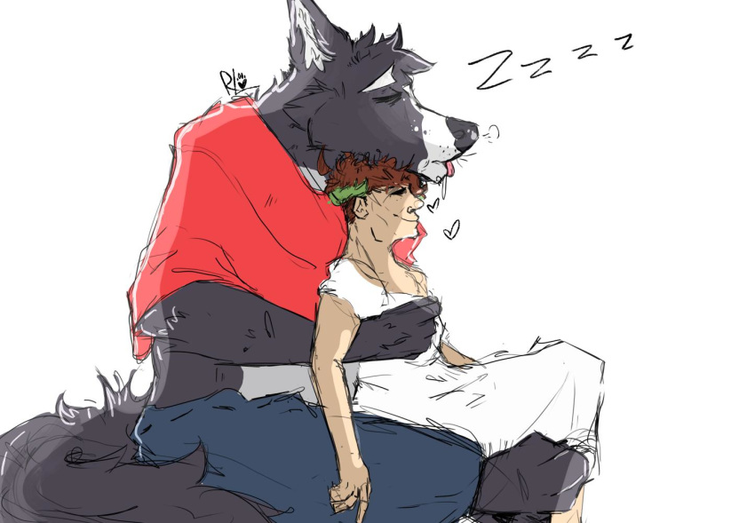&lt;3 2019 adastra amicus_(adastra) black_fur bodily_fluids brown_hair canid canine canis clothing countershading cuddling duo eyes_closed fur grey_fur hair happy hug human male male/male mammal marco_(adastra) muscular rlerofevrything romantic romantic_couple saliva simple_background size_difference sleeping tongue tongue_out white_background wolf