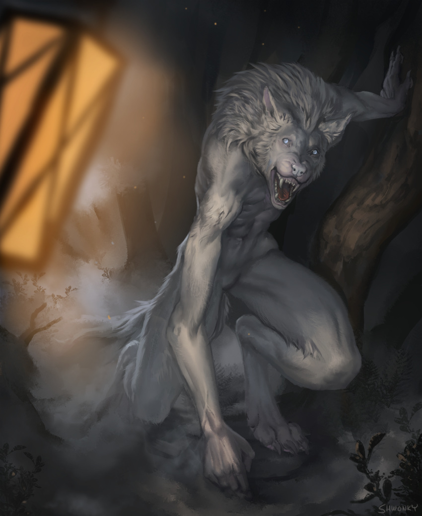 2019 4_toes 5_fingers anthro canid canine canis detailed_background digital_media_(artwork) fingers fur hi_res lantern male mammal open_mouth pale_eyes shwonky solo teeth toes tongue white_fur wolf