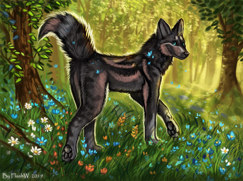 2019 arthropod black_fur black_pawpads blue_eyes butterfly canid canine canis detailed_background digital_media_(artwork) domestic_dog feral flashw forest fur grass grey_fur insect lepidopteran looking_at_viewer mammal pawpads smile solo standing tree wildflowers