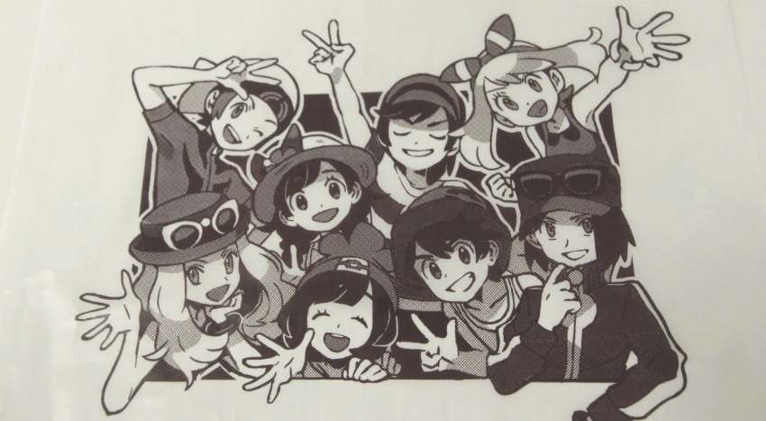 4boys 4girls :d ;d ^_^ artist_request bangs beanie bracelet braid breasts calme_(pokemon) closed_eyes dual_persona greyscale grin happy haruka_(pokemon) hat highres jewelry long_hair long_sleeves looking_at_viewer mizuki_(pokemon) monochrome multiple_boys multiple_girls official_art one_eye_closed open_mouth pokemon pokemon_(game) pokemon_oras pokemon_sm pokemon_trainer pokemon_usum pokemon_xy serena_(pokemon) shirt short_sleeves simple_background sleeveless sleeveless_shirt small_breasts smile sunglasses twin_braids twintails v w waving you_(pokemon) yuuki_(pokemon)