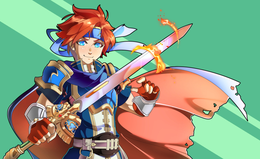 1boy armor blue_cape blue_eyes blue_headband cape fingerless_gloves fire_emblem fire_emblem:_the_binding_blade flaming_sword freckles gloves green_background headband highres holding holding_sword holding_weapon looking_at_viewer male_focus peter_eastwood red_cape red_gloves red_hair roy_(fire_emblem) simple_background smile standing sword weapon