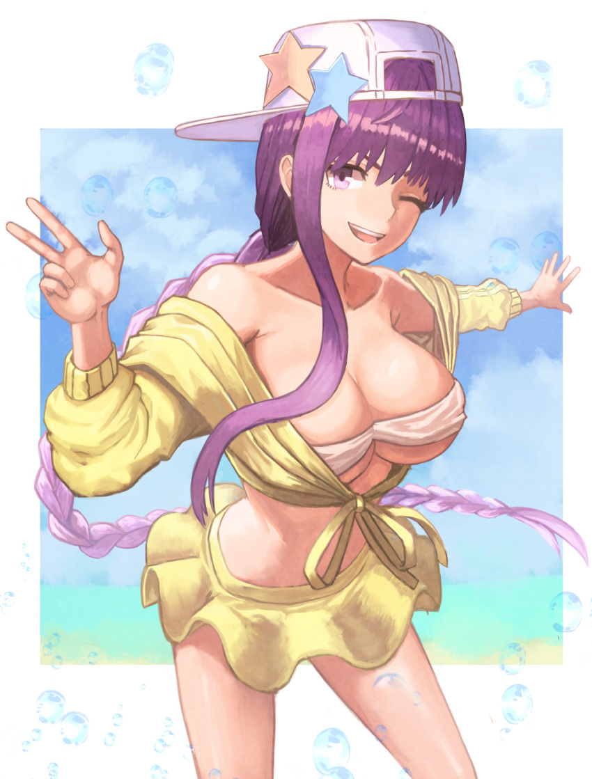 1girl bangs bare_shoulders baseball_cap bb_(fate)_(all) bb_(swimsuit_mooncancer)_(fate) braid breasts cleavage collarbone cropped_jacket fate/grand_order fate_(series) hand_gesture hat highres jacket janoukyo19 large_breasts long_braid long_hair long_sleeves looking_at_viewer navel off_shoulder one_eye_closed open_mouth purple_eyes purple_hair sideways_hat single_braid skirt smile solo star_hat_ornament thighs very_long_hair w white_bikini_top white_white yellow_jacket yellow_skirt