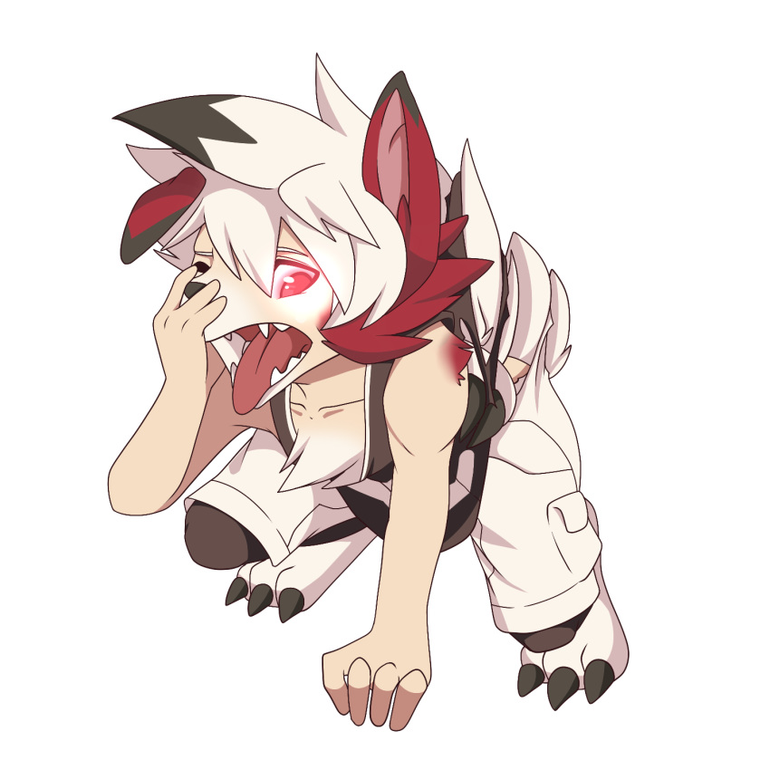 1:1 2018 clothed clothing fangs fezmangaka glowing glowing_eyes hand_on_muzzle hi_res human lycanroc male mammal midnight_lycanroc nintendo one_eye_closed open_mouth pok&eacute;mon pok&eacute;mon_(species) solo species_transformation tongue tongue_out torn_clothing transformation video_games