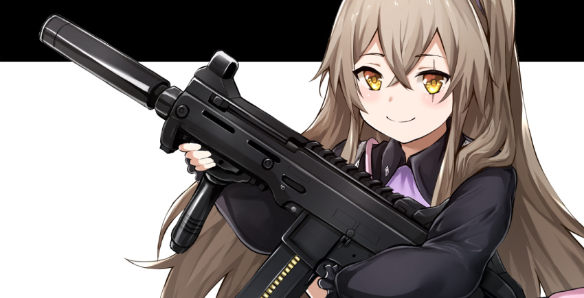 1girl bag bangs black_dress brown_hair crossed_bangs dress flugel_(kaleido_scope-710) girls_frontline gun h&amp;k_ump h&amp;k_ump45 hair_between_eyes heckler_&amp;_koch holding holding_gun holding_weapon long_hair looking_at_viewer one_side_up scar scar_across_eye shoulder_bag side_ponytail smile submachine_gun ump45_(girls_frontline) weapon yellow_eyes younger