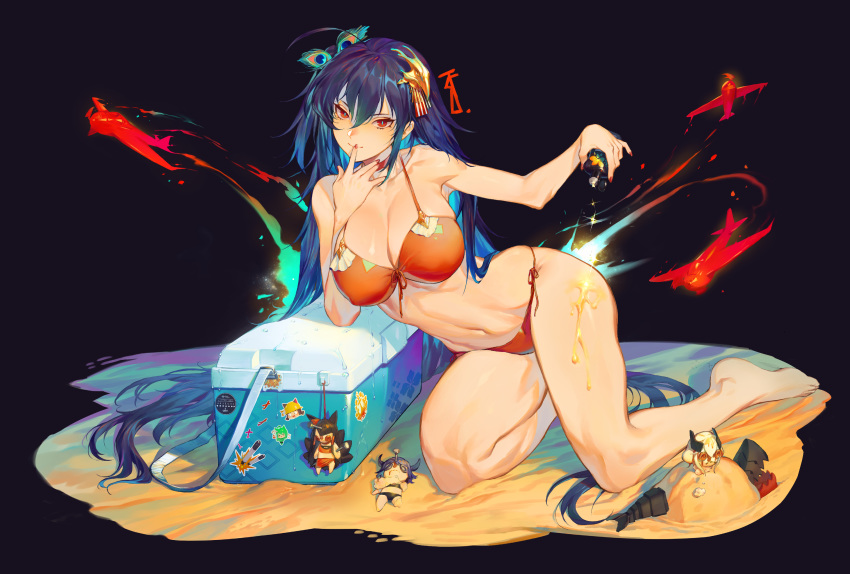 1girl absurdres ahoge aircraft airplane akagi_(azur_lane) akagi_(paradise_amaryllis)_(azur_lane) akashi_(azur_lane) animal_ears arm_support armpits azur_lane bangs bare_shoulders barefoot bikini black_bikini black_hair bottle breasts buried cat_ears character_doll choker cleavage closed_mouth collarbone cooler feet finger_to_mouth fox_tail front-tie_bikini front-tie_top gasari_(jongh1803) hair_between_eyes hair_ornament hands_up hanging head_only head_tilt highres holding holding_bottle large_breasts leaning_to_the_side logo long_hair looking_at_viewer lotion mutsuki_(azur_lane) nail orange_bikini orange_choker orange_sarong pouring_onto_self red_nails roon_(azur_lane) sand sarong side-tie_bikini sidelocks simple_background skindentation slit_pupils sticker stuffing sunscreen swimsuit taihou_(azur_lane) tail thighs torpedo very_long_hair voodoo_doll yandere yellow_headwear