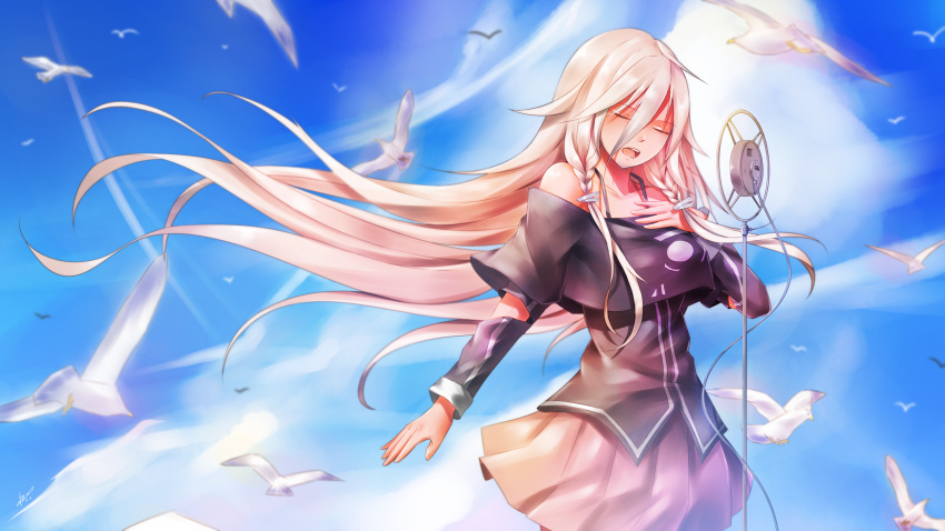 1girl absurdres bird blue_sky blurry blurry_background closed_eyes cloud collarbone cowboy_shot floating_hair highres ia_(vocaloid) long_hair microphone_stand miniskirt music off_shoulder open_mouth pink_skirt pleated_skirt signature silver_hair singing skirt sky solo songjiangcc standing very_long_hair vocaloid
