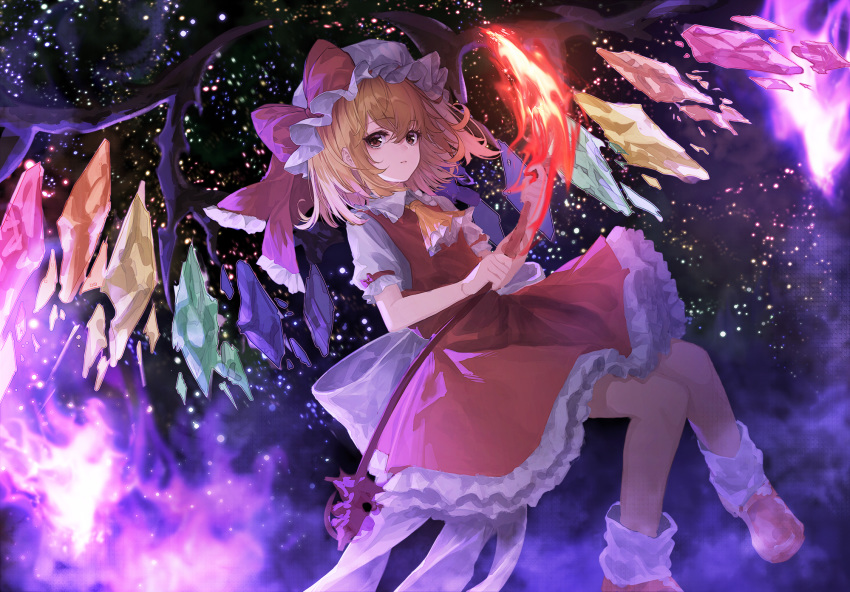 1girl ascot aura bangs blonde_hair bow commentary crystal eyebrows_visible_through_hair feet_out_of_frame flandre_scarlet frilled_shirt_collar frills hair_between_eyes hat hat_bow highres holding invisible_chair laevatein light_particles lo-ta looking_at_viewer mob_cap one_side_up petticoat puffy_short_sleeves puffy_sleeves red_bow red_eyes red_footwear red_skirt shirt shoes short_hair short_sleeves sidelocks sitting skirt socks solo symbol_commentary touhou white_headwear white_legwear white_shirt wings yellow_neckwear