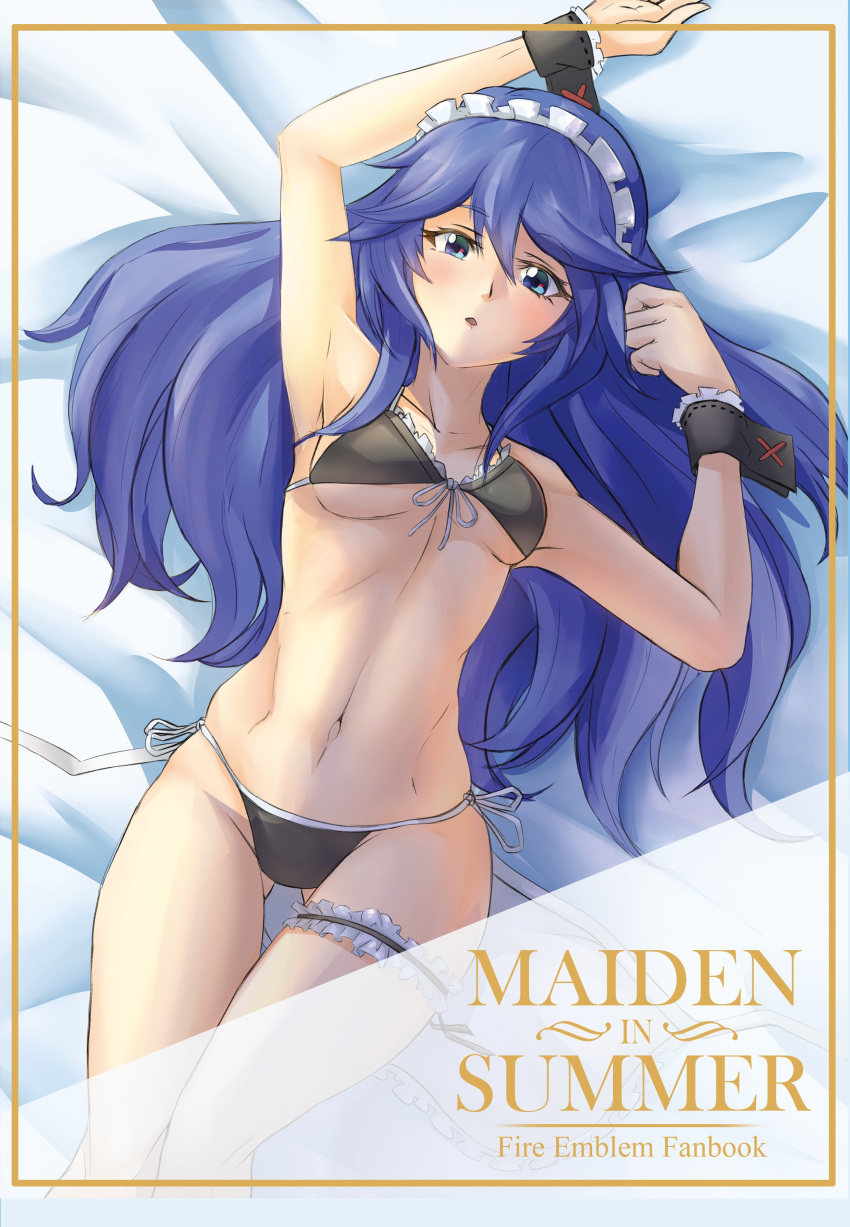 1girl absurdres apron bikini black_bikini black_jacket blue_eyes blue_hair blush braid breasts deekei detached_collar fire_emblem fire_emblem_awakening french_braid frilled_apron frilled_bikini frilled_bikini_top frills hair_between_eyes highres jacket leg_garter long_hair looking_at_viewer lucina maid maid_apron maid_bikini maid_headdress navel simple_background solo swimsuit tiara waist_apron white_apron